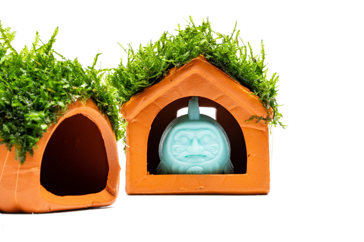 Detail photo showing aquarium moss shelter in house style next to hut style