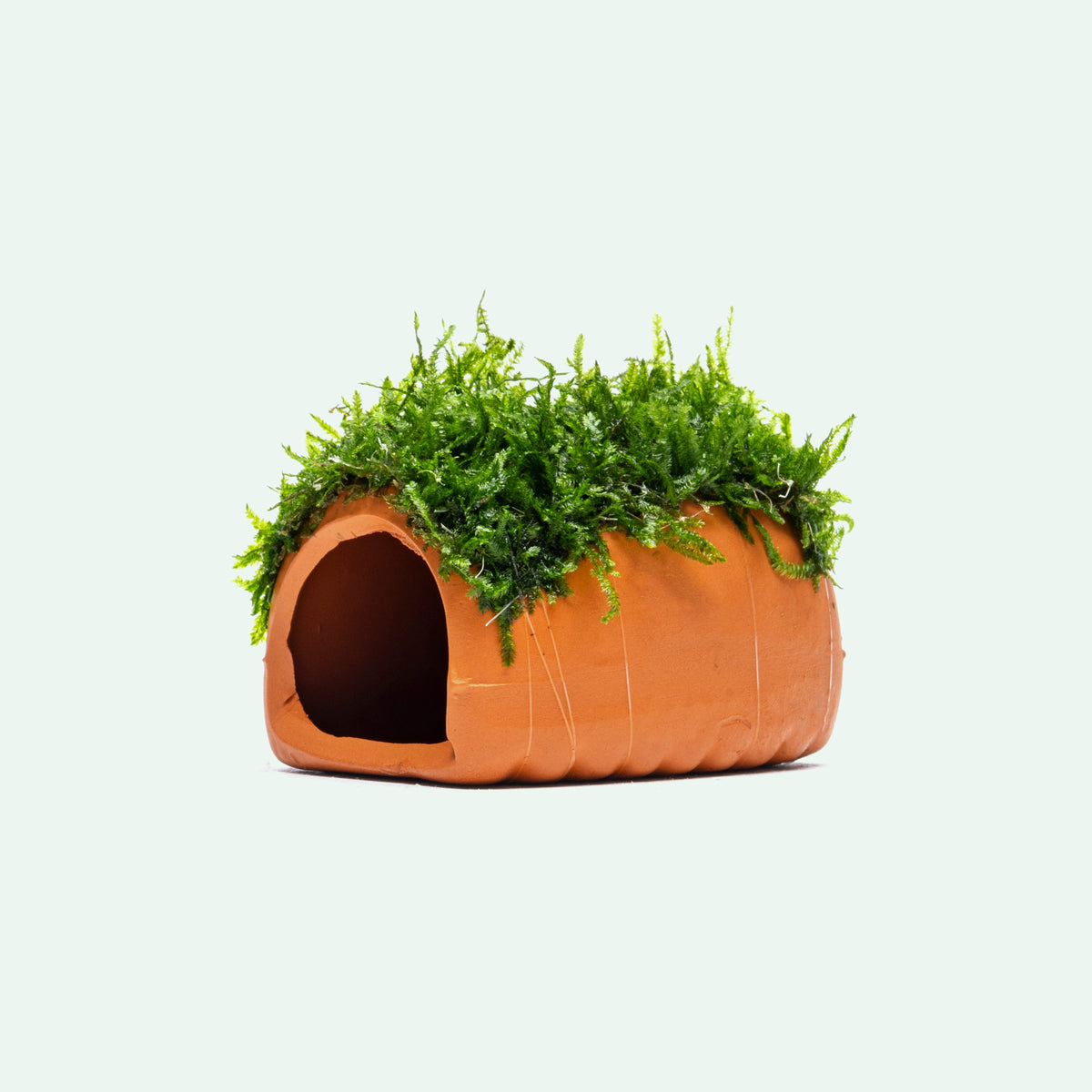 An orange terracotta-style small aquarium shelter hide with a green mossy roof