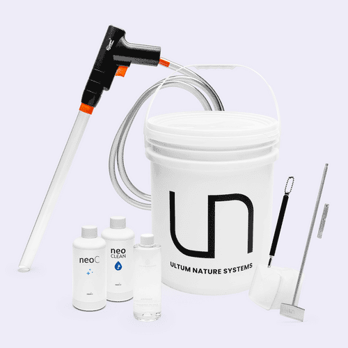 Group photo of essential aquarium maintenance tools and products for freshwater planted aquariums