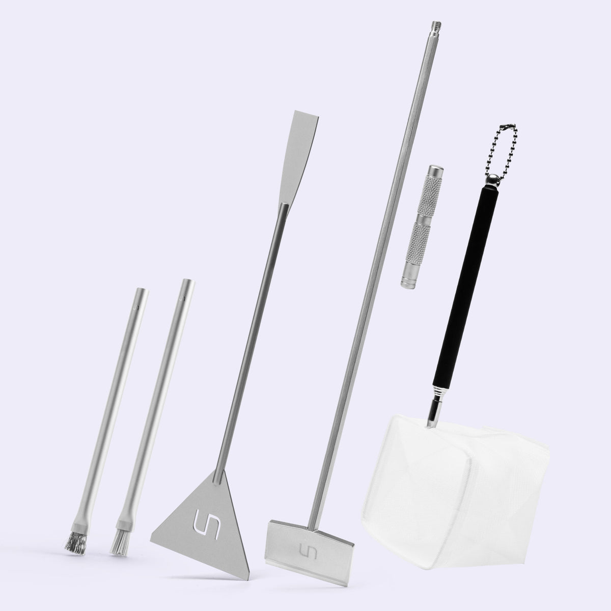 A set of aquascaping tools including algae brushes, sand flattener, algae scraper and aquarium net