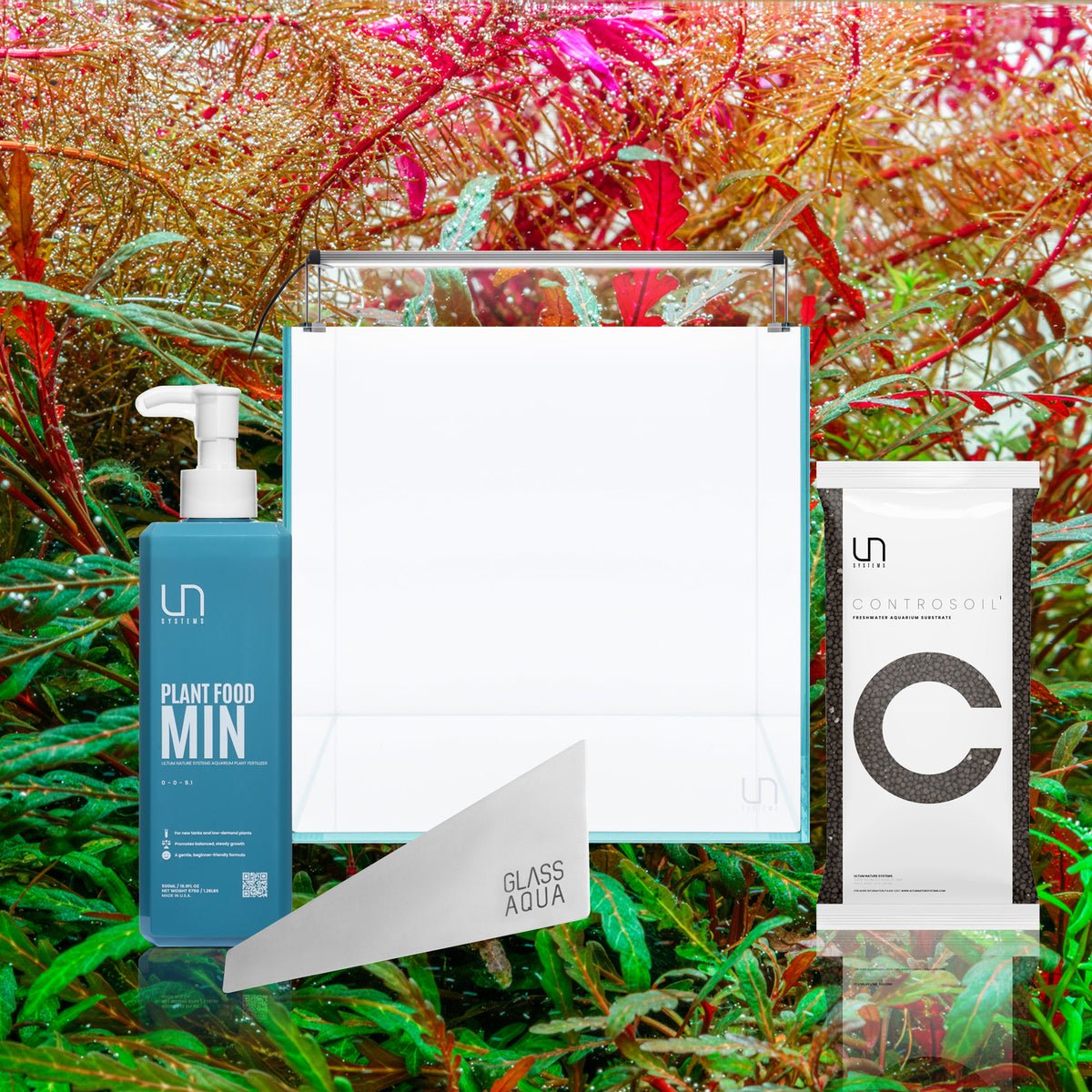 Seasonal aquarium kit including UNS 20C cube aquarium, Twinstar LED light, Controsoil substrate, Plant Food Min liquid fertilizer and Glass Aqua aquascaping tool