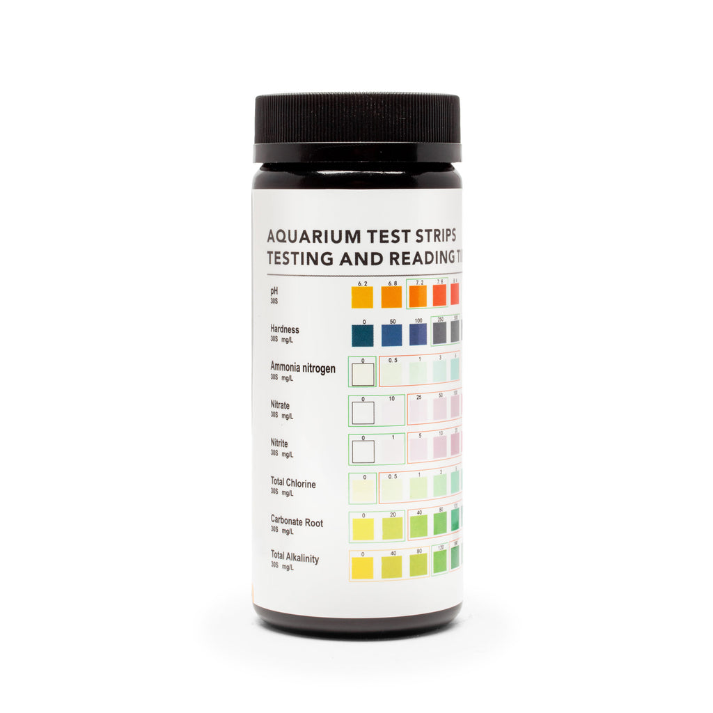 A bottle of aquarium test strips with a black cap and a white label featuring multicolored indicator strips and text for testing pH, ammonia, nitrite, nitrate, chlorine, carbonates, and alkalinity.