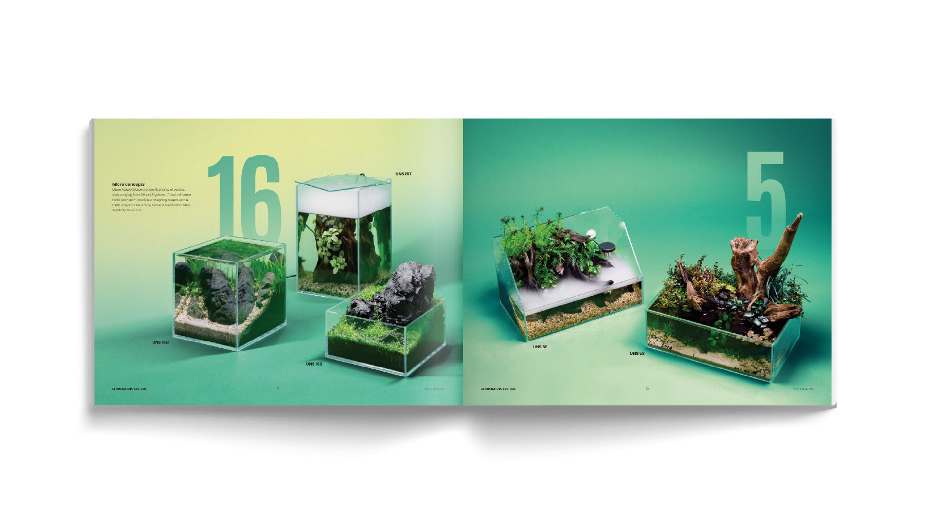 Two pages from the UNS aquascaping book showcasing planted rimless aquariums
