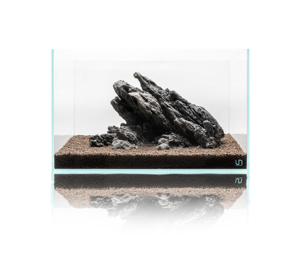 UNS Strata Type 1 Seiryu hardscape inside of rimless aquarium