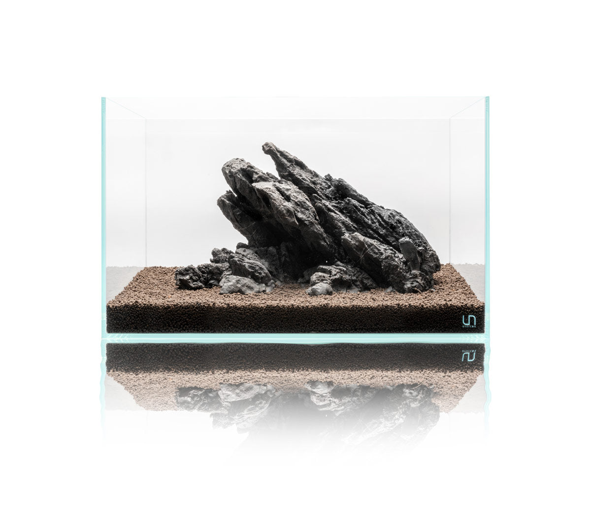 UNS Strata Type 1 Seiryu hardscape inside of rimless aquarium