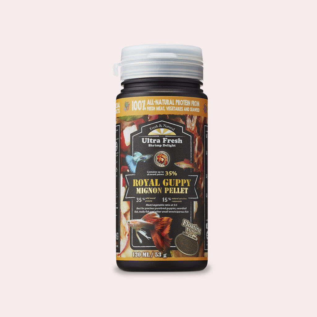 A bottle of Royal Guppy Mignon Pellets Guppy Food by Ultra Fresh