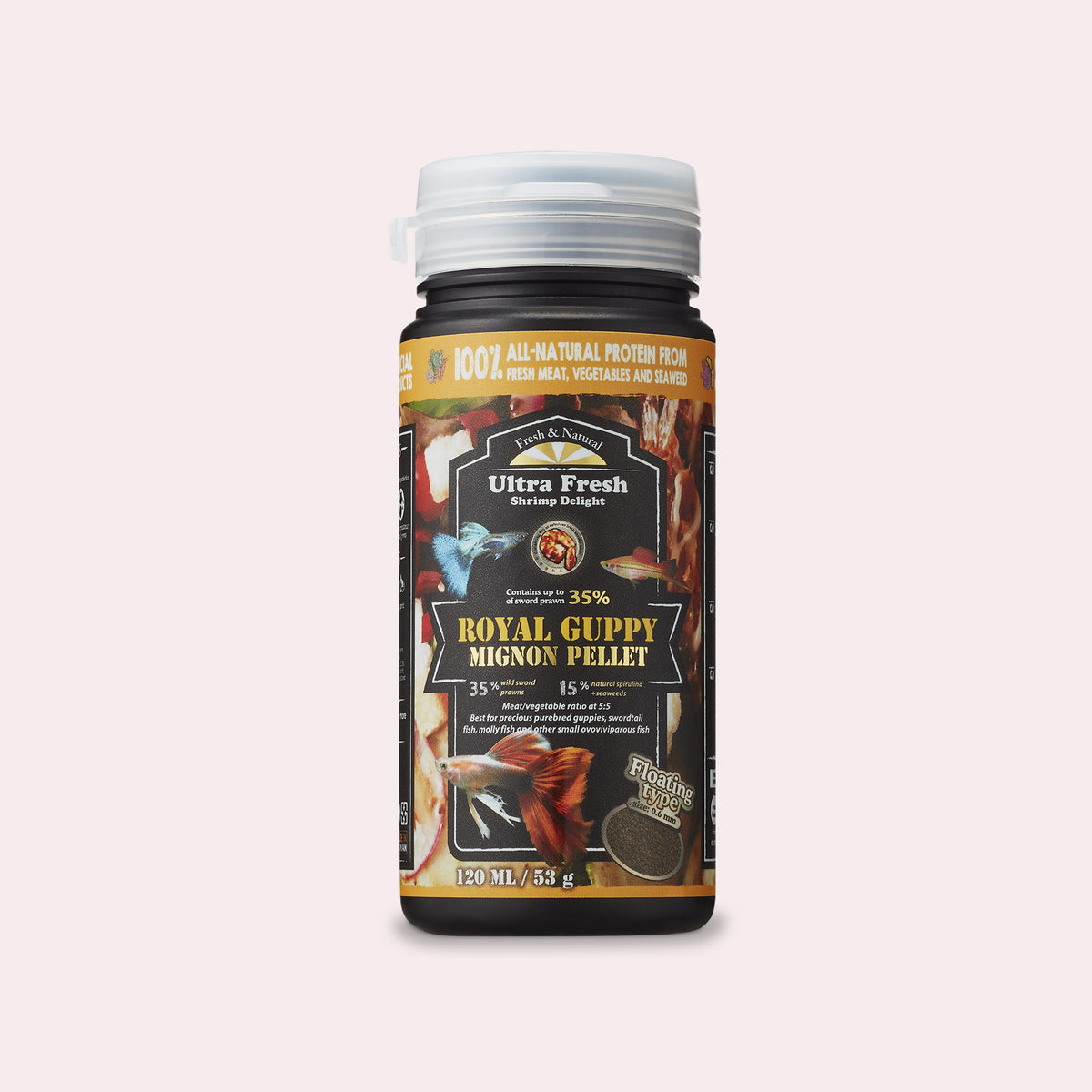 A bottle of Royal Guppy Mignon Pellets Guppy Food by Ultra Fresh